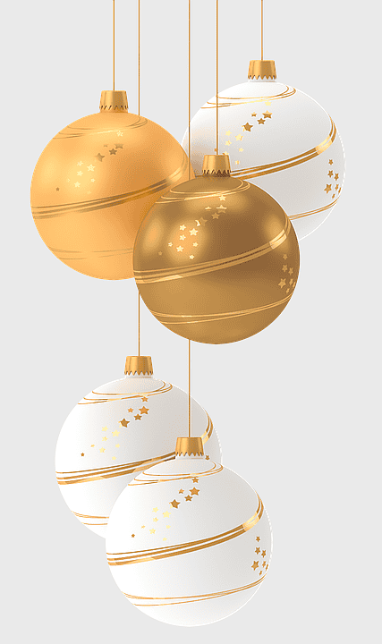 colored Christmas balls, Christmas tree ornaments, festive holiday decorations, gold and white ornaments, seasonal decor, hanging baubles, decorative spheres