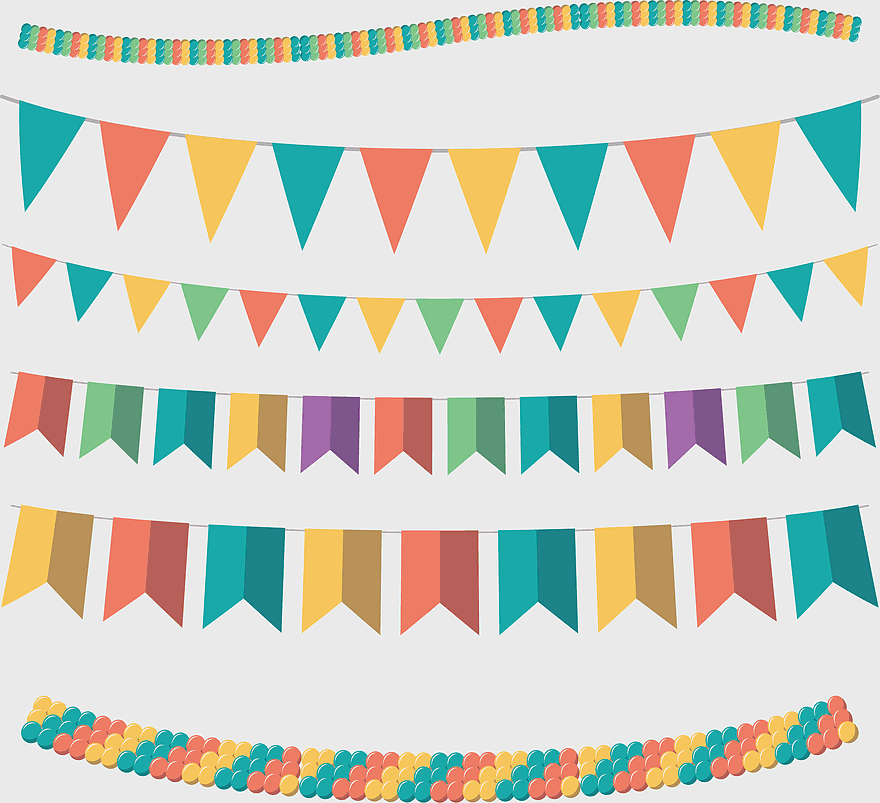 colorful party flags, festive banner designs, happy birthday decorations, assorted pennant flags, vibrant textile patterns, celebration garlands, decorative string flags