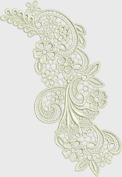 white floral lace embroidery, satin stitch paisley pattern, irish lace ornament, lace machine embellishment, decorative textile motif, intricate fabric design, vintage needlework art