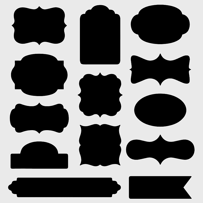black paper label templates, monochrome silhouette tags, digital frame scrapbooking, black and white printing labels, decorative label designs, vintage tag silhouettes, printable label outlines