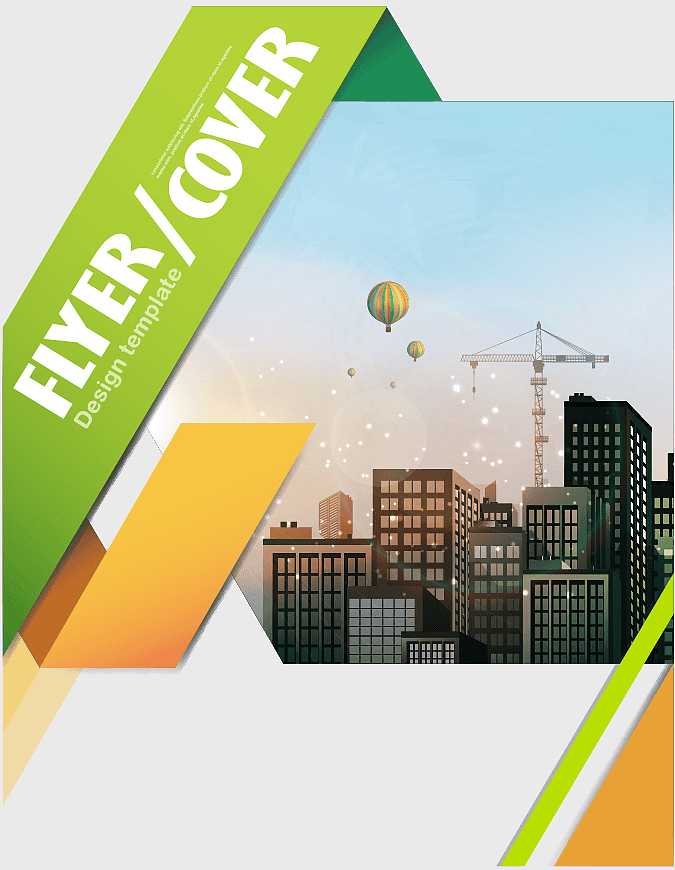 colorful flyer design, magazine page layout template, urban construction flyer, origami effect typesetting, cityscape advertising template, creative brochure cover, vibrant promotional layout