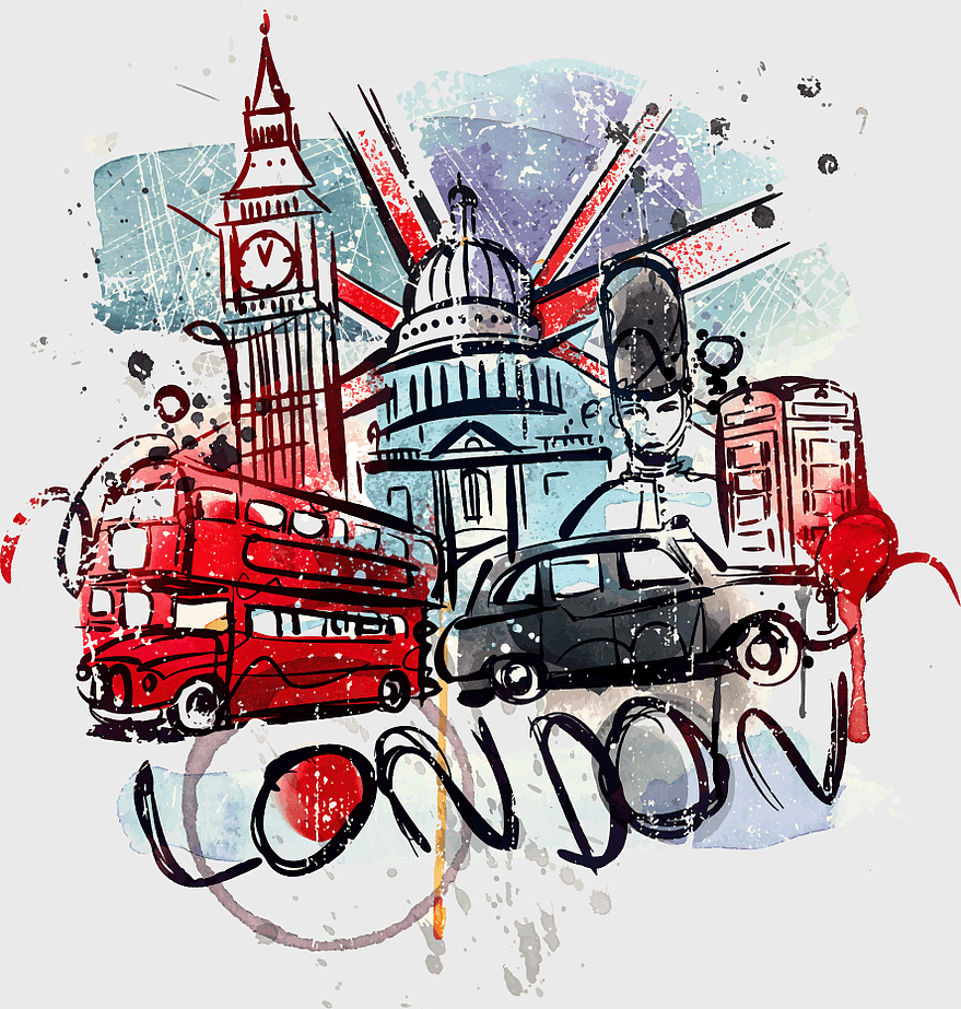 watercolor London landmarks, Big Ben illustration, double-decker bus art, London cityscape mural, British urban scene, iconic UK architecture, vintage travel poster design