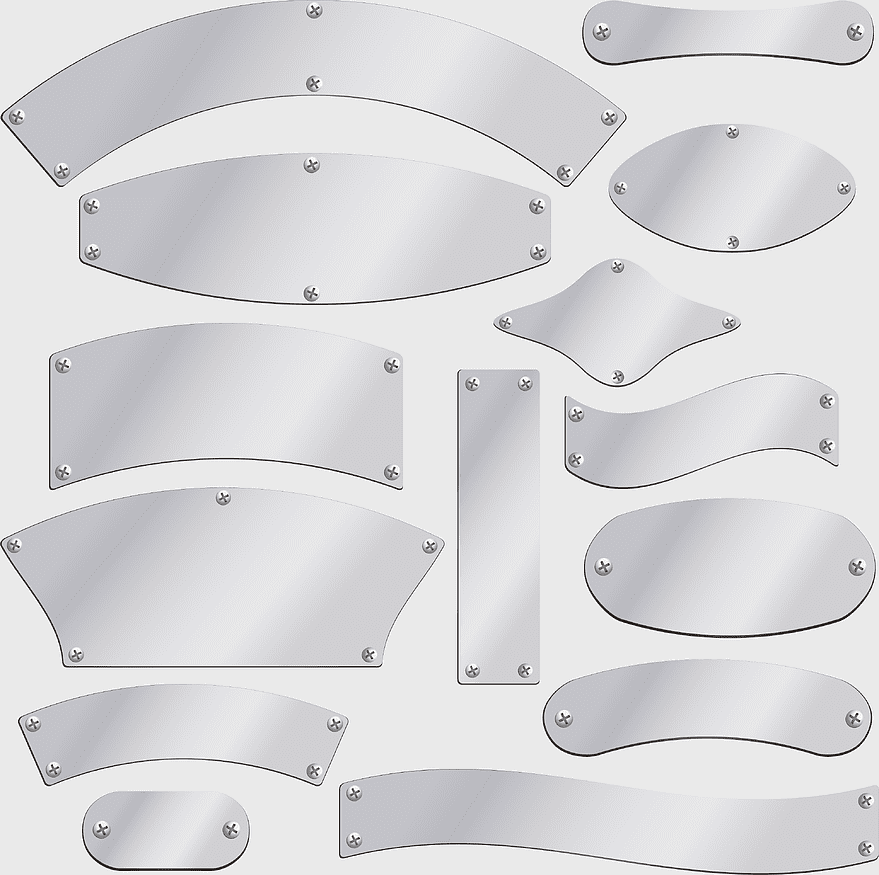 silver metal frames, metal texture banners, assorted shapes metal tags, brushed metal nameplates, decorative metal ribbons, signage hardware elements, metallic display accessories