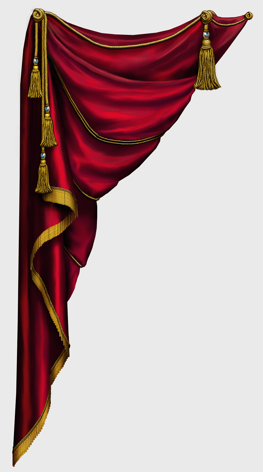 Curtain Act Two Pelmet, red silk curtain, gold tassel decoration, theatrical pelmet, stage drapery design, performance backdrop, elegant theater decor