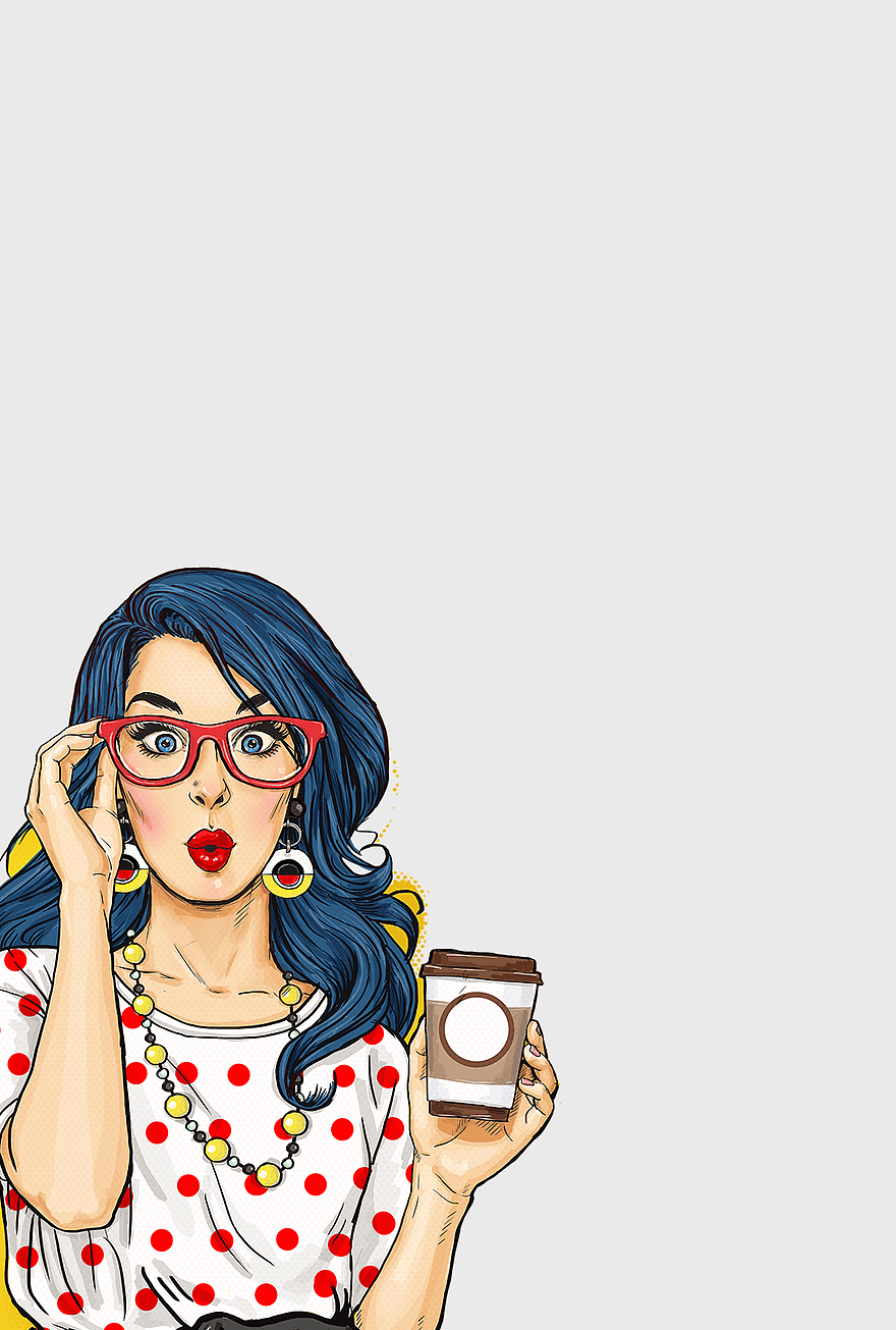 retro pop art woman, Industria Licorera De Caldas illustration, polka dot cartoon girl, coffee cup character, vintage comic style, playful eyewear design, colorful pop art figure retro pop art woman, Industria Licorera De Caldas illustration, polka dot cartoon girl, coffee cup character, vintage comic style, playful eyewear design, colorful pop art figure