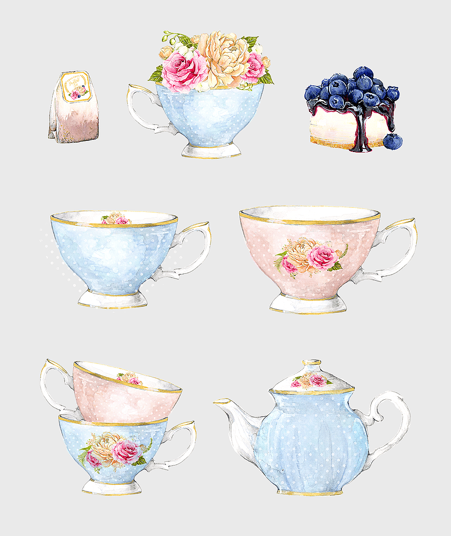 pink and blue ceramic tea cups, watercolor tea cup illustration, handpainted tea party, porcelain tea set, floral tea cup design, vintage tea ware, elegant tea service