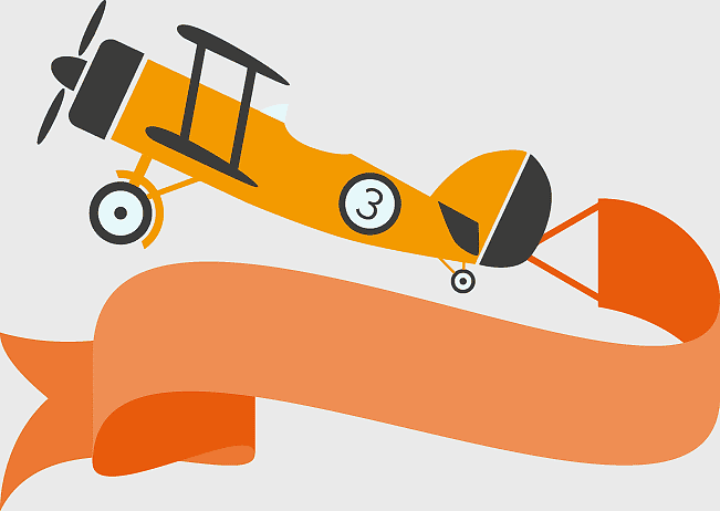 yellow cartoon monoplane, orange ribbon banner, cartoon plane pulling ribbon, simple airplane illustration, vintage aircraft design, festive plane decoration, adobe illustrator aviation art