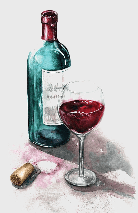 watercolor red wine glass, hand-painted wine bottle illustration, wine glass still life painting, watercolor wine glass and bottle, artistic wine depiction, elegant wine presentation, vintage wine illustration