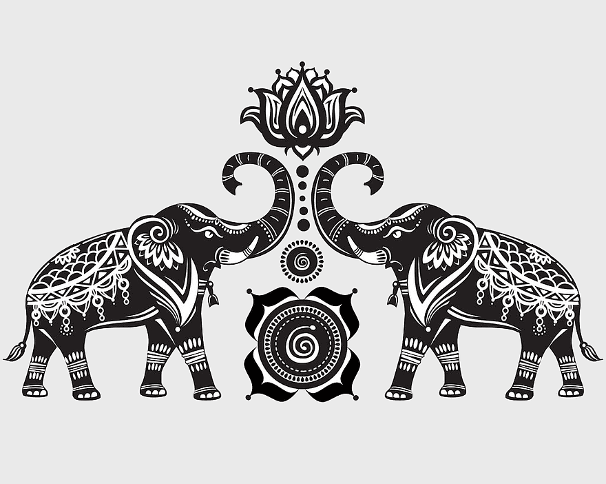 Nelumbo nucifera Elephant Ornament, Elephants and lotus illustration, black and white elephant design, monochrome animal pattern, ornamental elephant art, decorative lotus flower, vintage elephant motif Nelumbo nucifera Elephant Ornament, Elephants and lotus illustration, black and white elephant design, monochrome animal pattern, ornamental elephant art, decorative lotus flower, vintage elephant motif