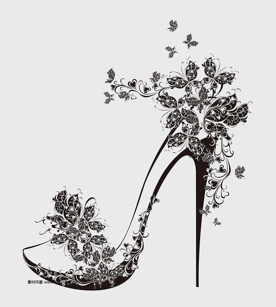 gray floral high heel shoe, monochrome high heels pattern, stiletto heel illustration, black and white fashion footwear, elegant shoe design, vintage floral art, decorative footwear graphic