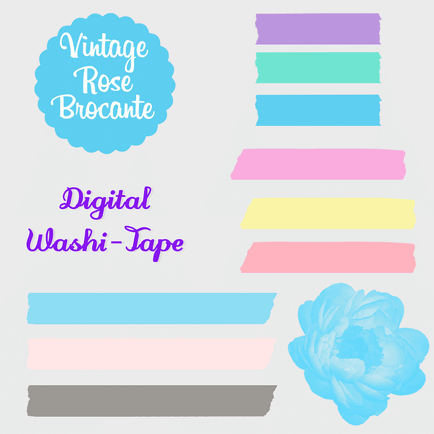 vintage rose brocante text, washi masking tape, ribbon tags, scrapbooking materials, digital craft elements, decorative adhesive strips, pastel color banners