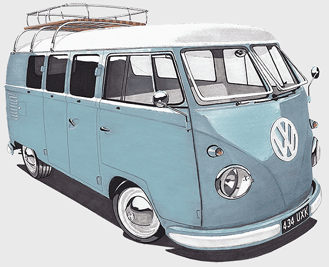 blue Volkswagen van illustration, Volkswagen Type 2, compact van, Volkswagen Microbus, classic van design, retro vehicle art, vintage bus drawing