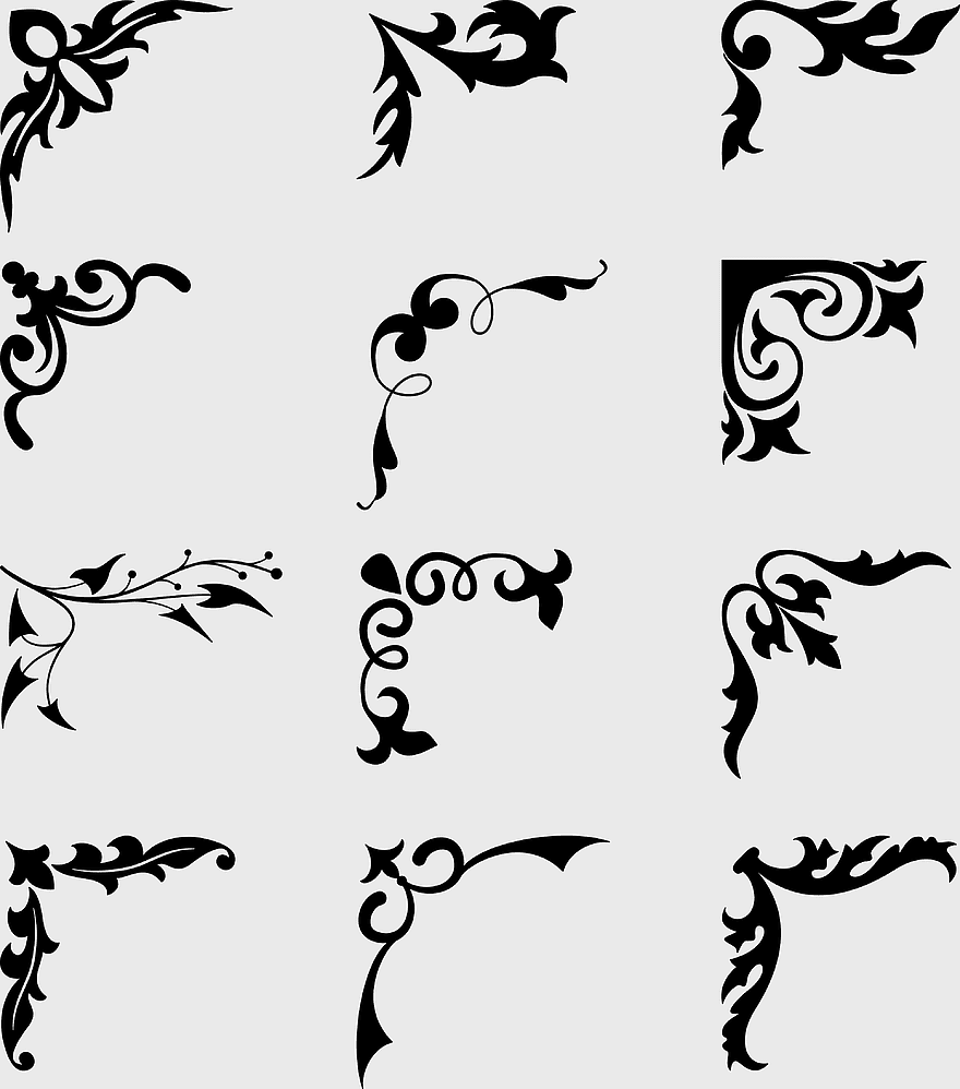 black corner ornaments, decorative corner designs, ornamental corner elements, vintage corner embellishments, floral corner accents, elegant page borders, intricate design motifs, png