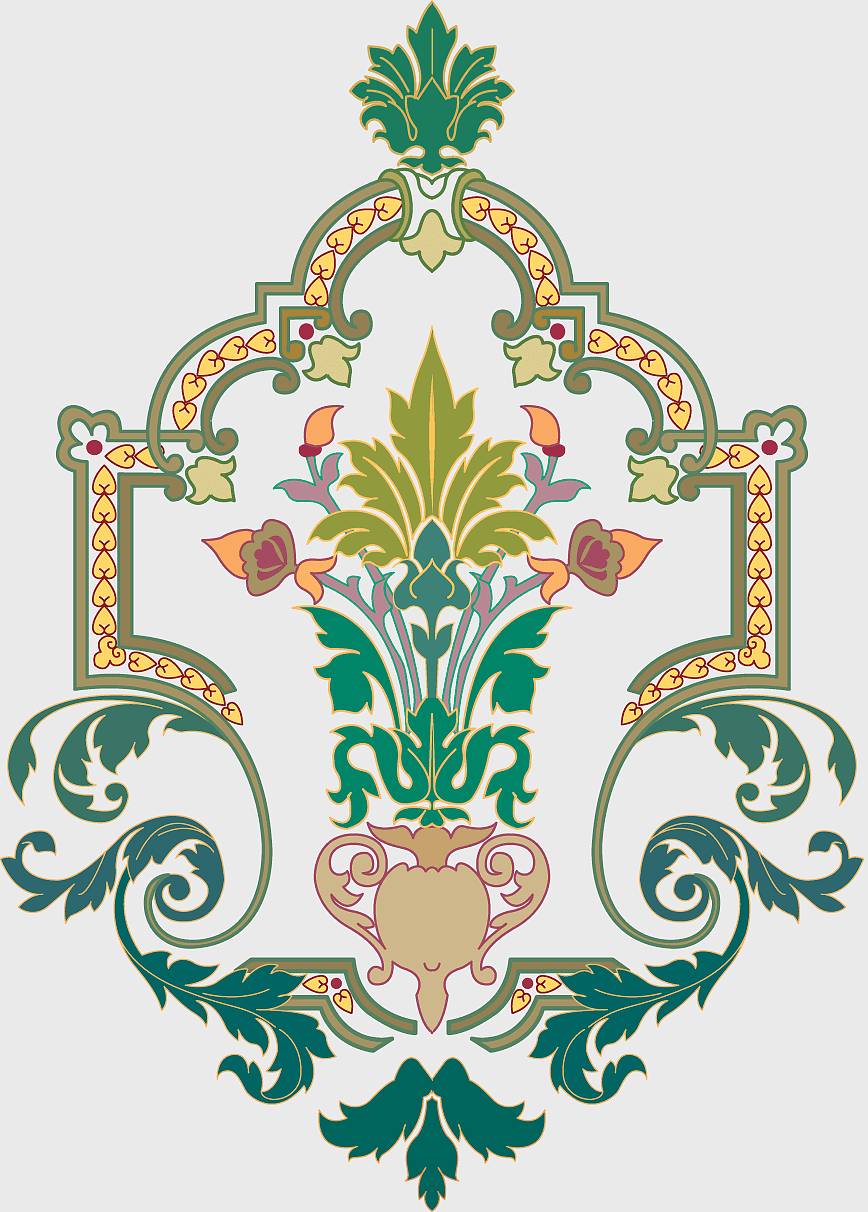Islamic floral ornament, Chinese patterned art, symmetrical leaf design, multicolored plant motif, ornamental botanical illustration, intricate cultural patterns, decorative ethnic artistry