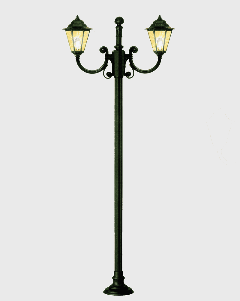 black 2-arm post light, street light graphic, outdoor lighting fixture, decorative lantern, vintage lamp post, exterior illumination, LED light pole design