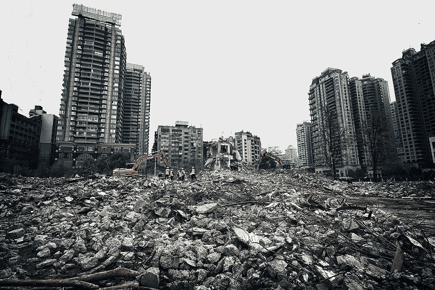 people near excavator, retro city ruins, construction site skyscrapers, messy abandoned buildings, urban demolition scene, post-apocalyptic cityscape, architectural decay visuals people near excavator, retro city ruins, construction site skyscrapers, messy abandoned buildings, urban demolition scene, post-apocalyptic cityscape, architectural decay visuals