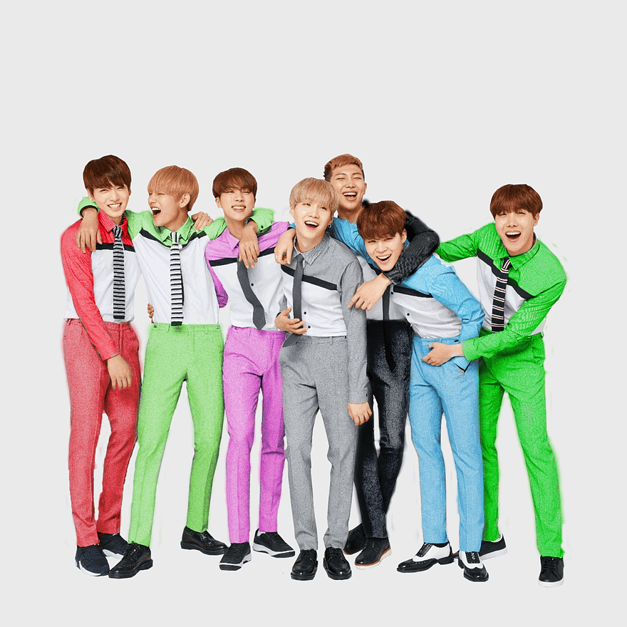 BTS T-shirt uniform, K-pop group standing together, Most Beautiful Moment in Life Part 2, BTS members smiling, colorful K-pop outfits, boy band camaraderie, vibrant stage attire
