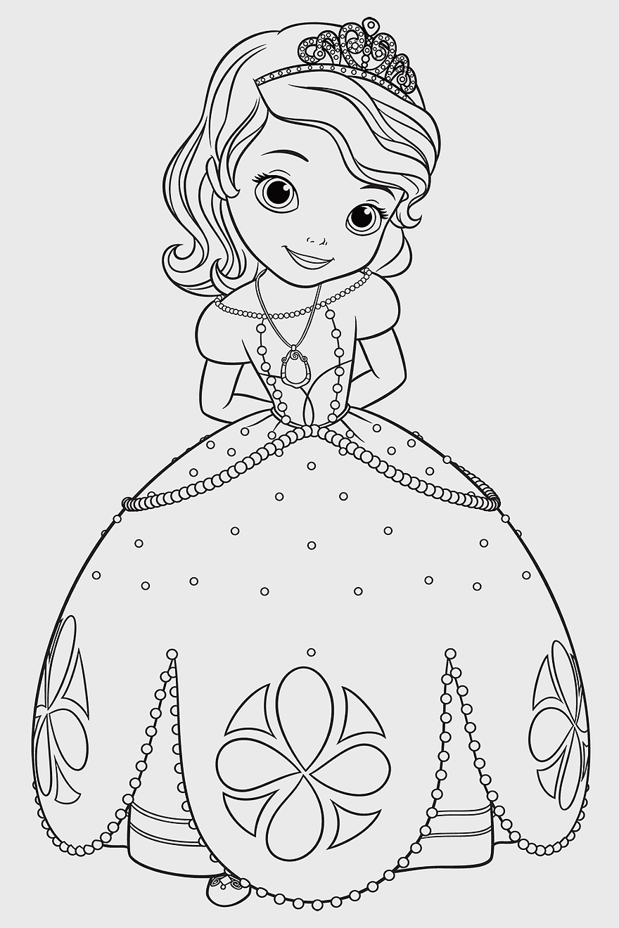 Sofia the First coloring page, Princess coloring book, Monochrome cartoon princess, Disney Junior artwork, Royal girl sketch, Vintage princess attire, Fantasy character outline Sofia the First coloring page, Princess coloring book, Monochrome cartoon princess, Disney Junior artwork, Royal girl sketch, Vintage princess attire, Fantasy character outline
