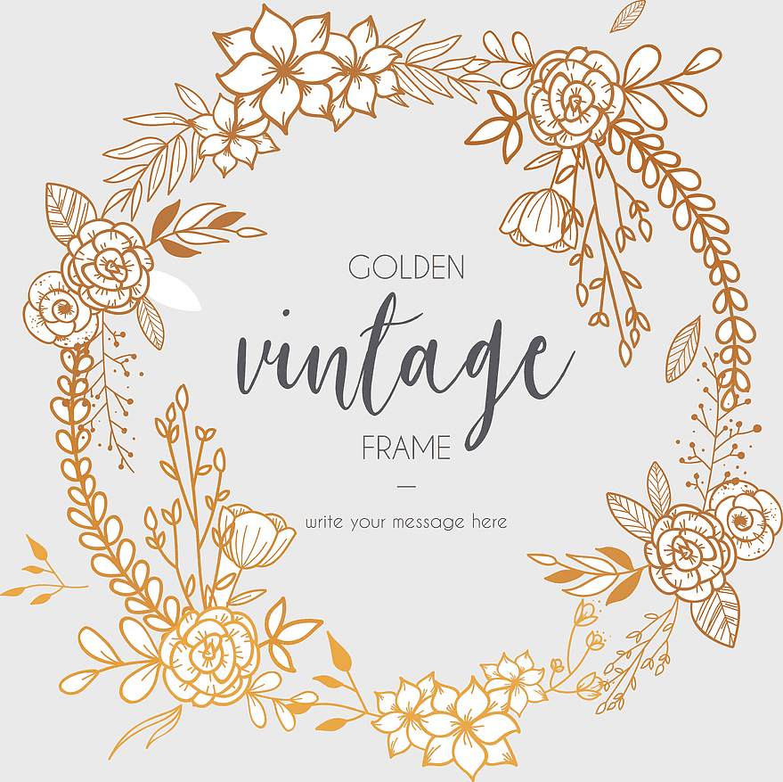 Golden vintage frame, floral wreath design, elegant decorative border, antique gold accents, vintage floral art, ornate frame, classic botanical illustration, png Golden vintage frame, floral wreath design, elegant decorative border, antique gold accents, vintage floral art, ornate frame, classic botanical illustration, png