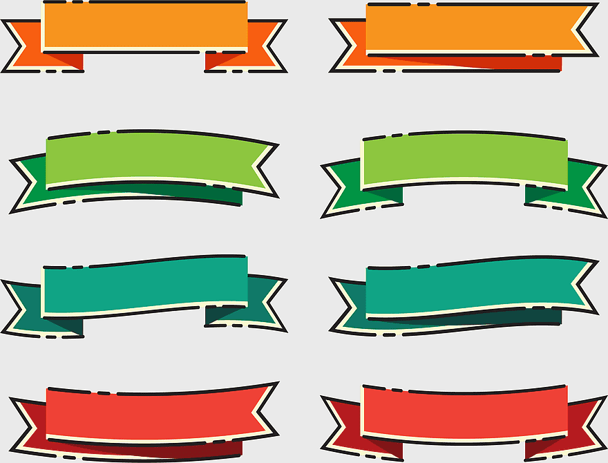 eight assorted-color banners, decorative banner designs, creative city web banners, colorful ribbon tags, banner layout templates, vibrant banner backgrounds, patterned banner elements