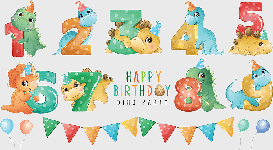 cute dinosaur birthday, numbered party decorations, festive dino celebration, happy birthday party, colorful party banners, playful dinosaur characters, party balloons and flags, png cute dinosaur birthday, numbered party decorations, festive dino celebration, happy birthday party, colorful party banners, playful dinosaur characters, party balloons and flags, png