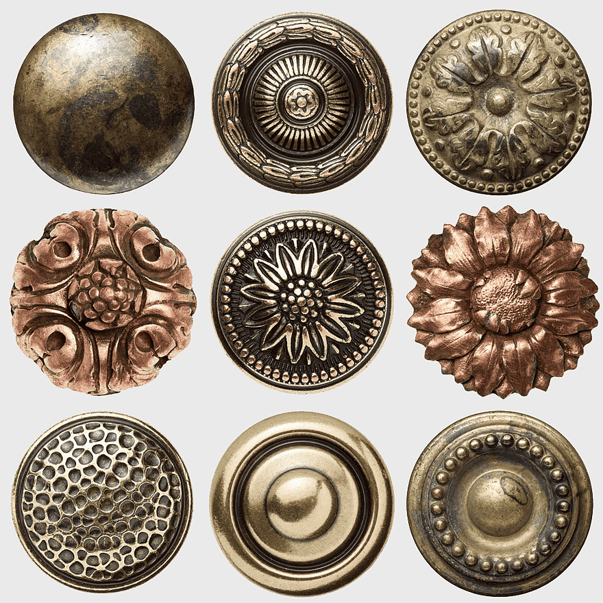 vintage metal buttons, decorative snap fasteners, diverse sewing accessories, antique clothing embellishments, ornate button designs, round metallic ornaments, handcrafted button artistry
