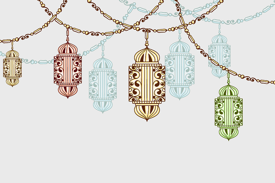 Ramadan lanterns illustration, Eid Mubarak chandeliers, fasting in Islam drawing, assorted-color lanterns, Islamic holiday decorations, festive Ramadan art, exotic hanging lights