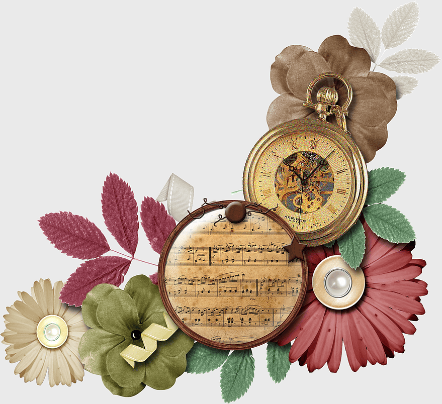 digital scrapbooking elements, christening embellishments, floral craft designs, paper crafting accessories, vintage pocket watch decor, musical sheet art, handmade flower arrangements