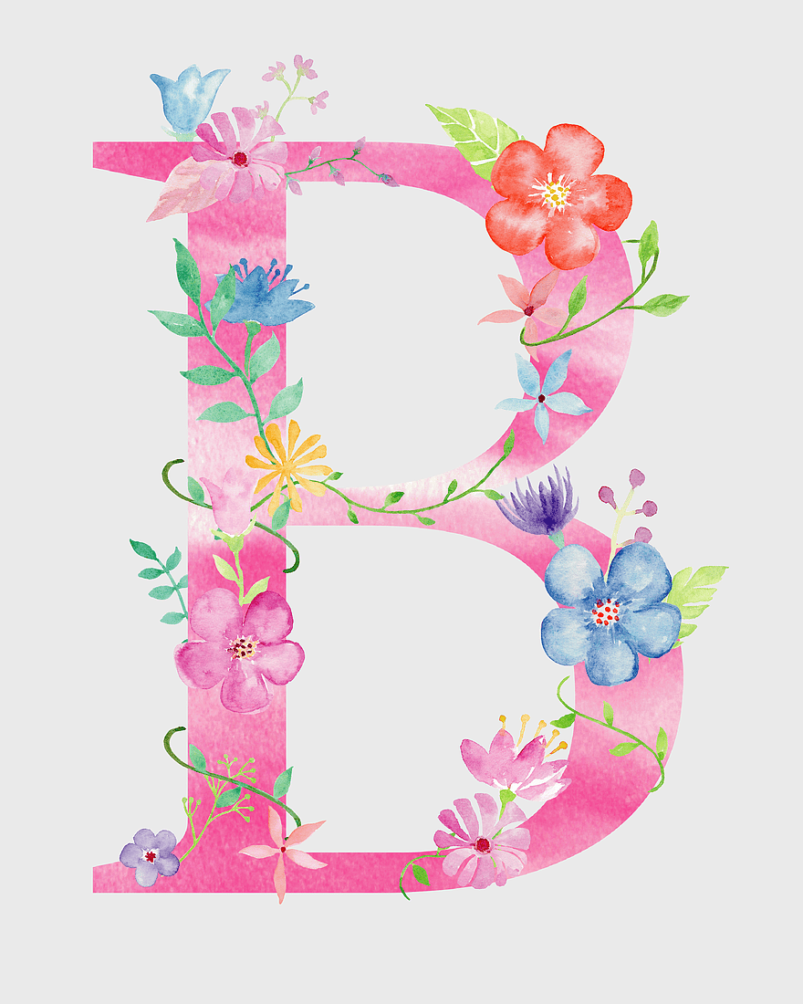 pink floral letter B, watercolor flower illustration, floral design decoration, flower pattern poster, botanical alphabet art, floral typography, colorful floral monogram