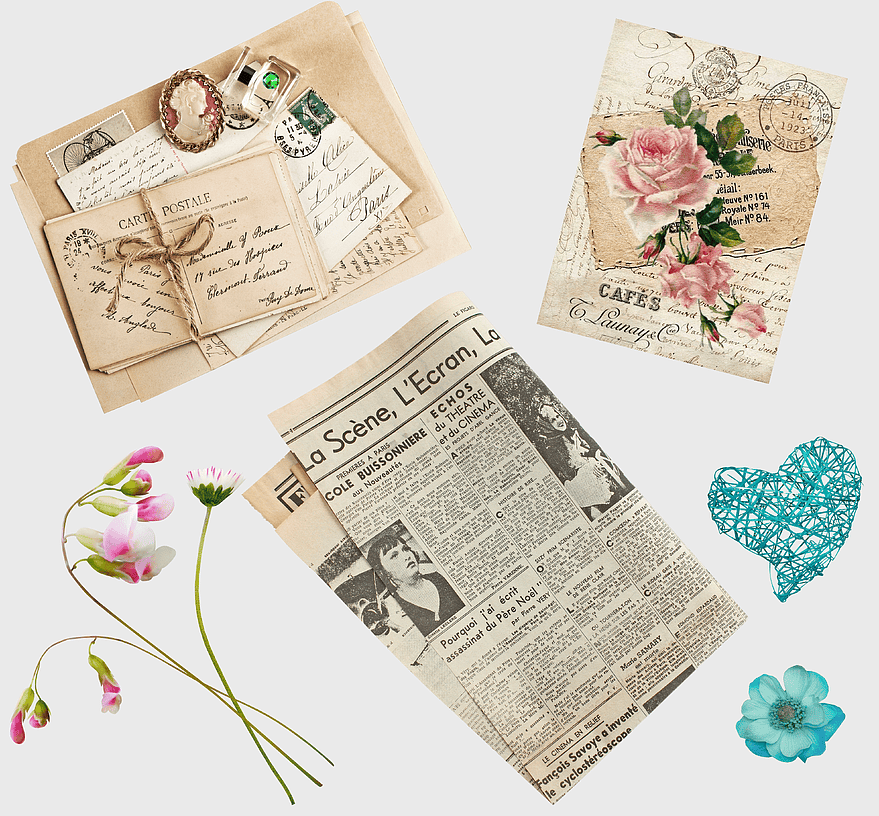 Vintage French letters, antique cameo paper, scrapbook ephemera, lace embellishments, historical postcards, floral decorations, vintage newspaper clippings, png