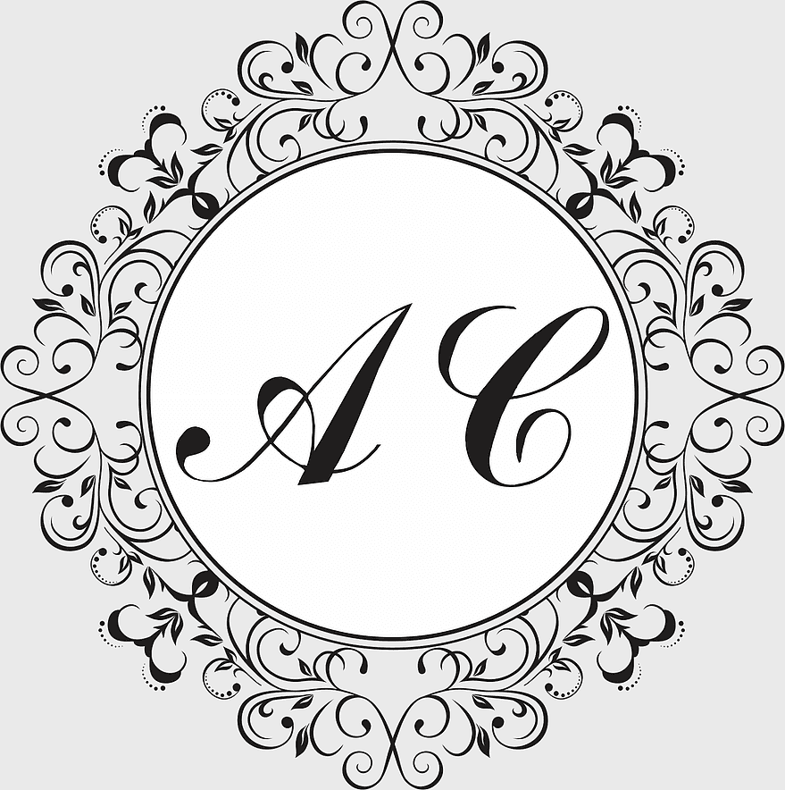 black and white monogram AC, arabesco floral design, calligraphy art, oval frame, elegant line art, vintage wedding monogram, decorative typography