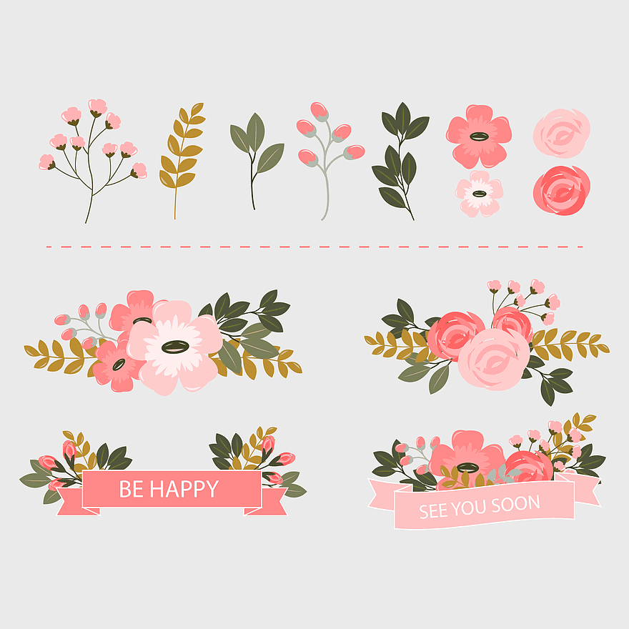 pink petaled flowers illustration, floral design elements, vintage floral decorations, watercolor flower arranging, botanical illustration art, floral greeting card designs, decorative floral borders