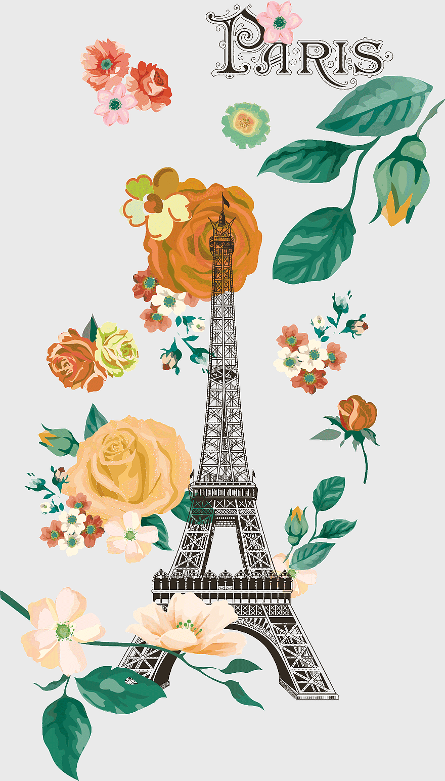 Eiffel Tower with flowers, Paris romantic illustration, floral design element, happy birthday Paris, French landmark art, vintage Parisian decor, tower floral arrangement