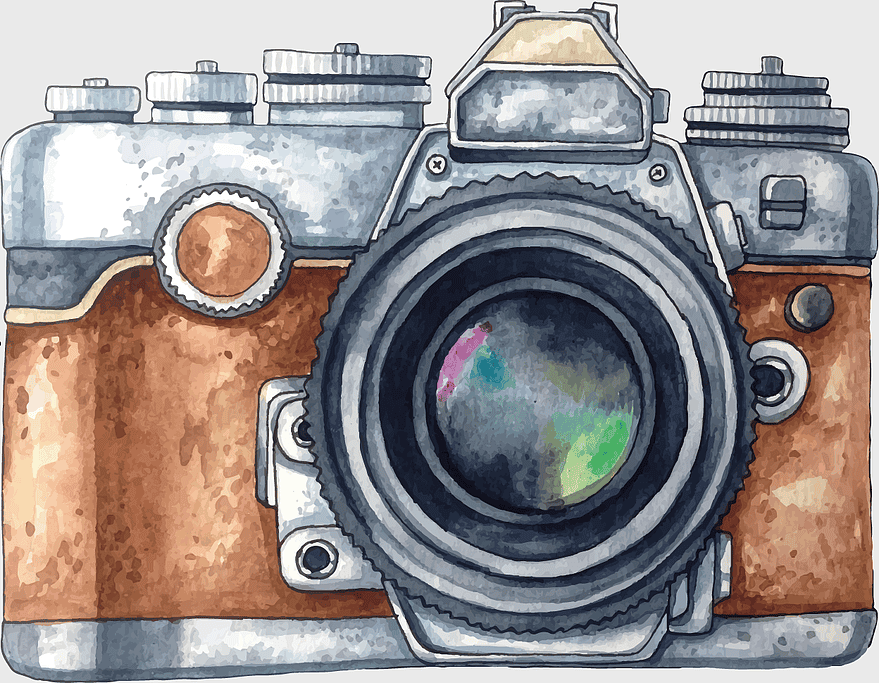 watercolor camera illustration, painted camera lens, hand-painted camera art, digital camera watercolor, vintage camera drawing, artistic camera depiction, graphy equipment sketch