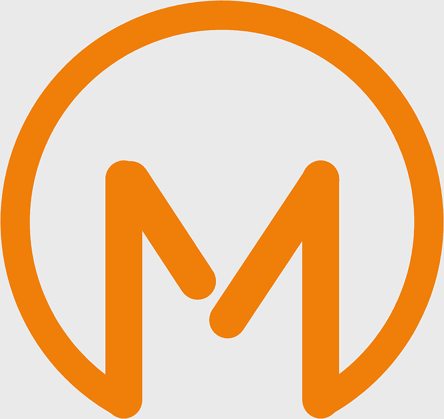 orange letter M logo, circular brand symbol, retail company emblem, customer service icon, minimalist design element, vibrant corporate identity, modern typography style