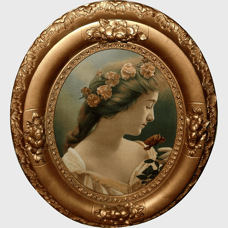 vintage oval frame, antique brass ornament, decorative floral print, ornate wall art, classic portrait frame, elegant vintage decor, intricate brass embellishments
