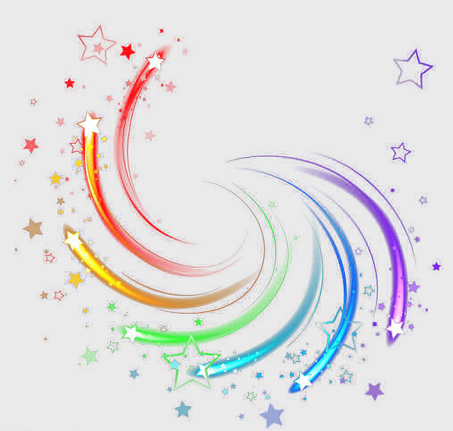 assorted-color stars, rotating light effect, bright spiral lights, decorative star patterns, festive light trails, vibrant celestial design, dynamic starry illustration