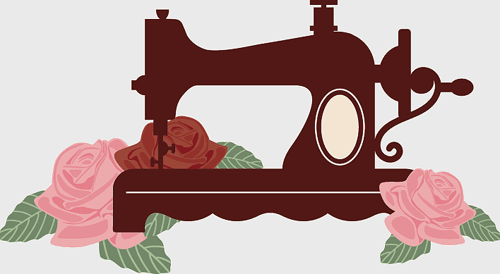 vintage sewing machine silhouette, floral decorative elements, sewing machine with roses, vintage border design, antique sewing illustration, craft embellishments, textile art design