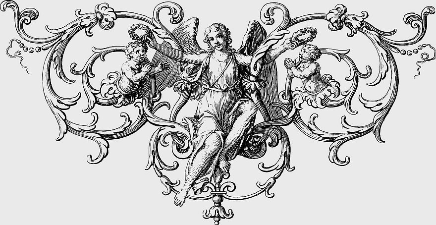 Vintage angel divider, ornamental line art, antique decorative separator, retro angel illustration, baroque design elements, intricate scrollwork patterns, celestial motif embellishments, png