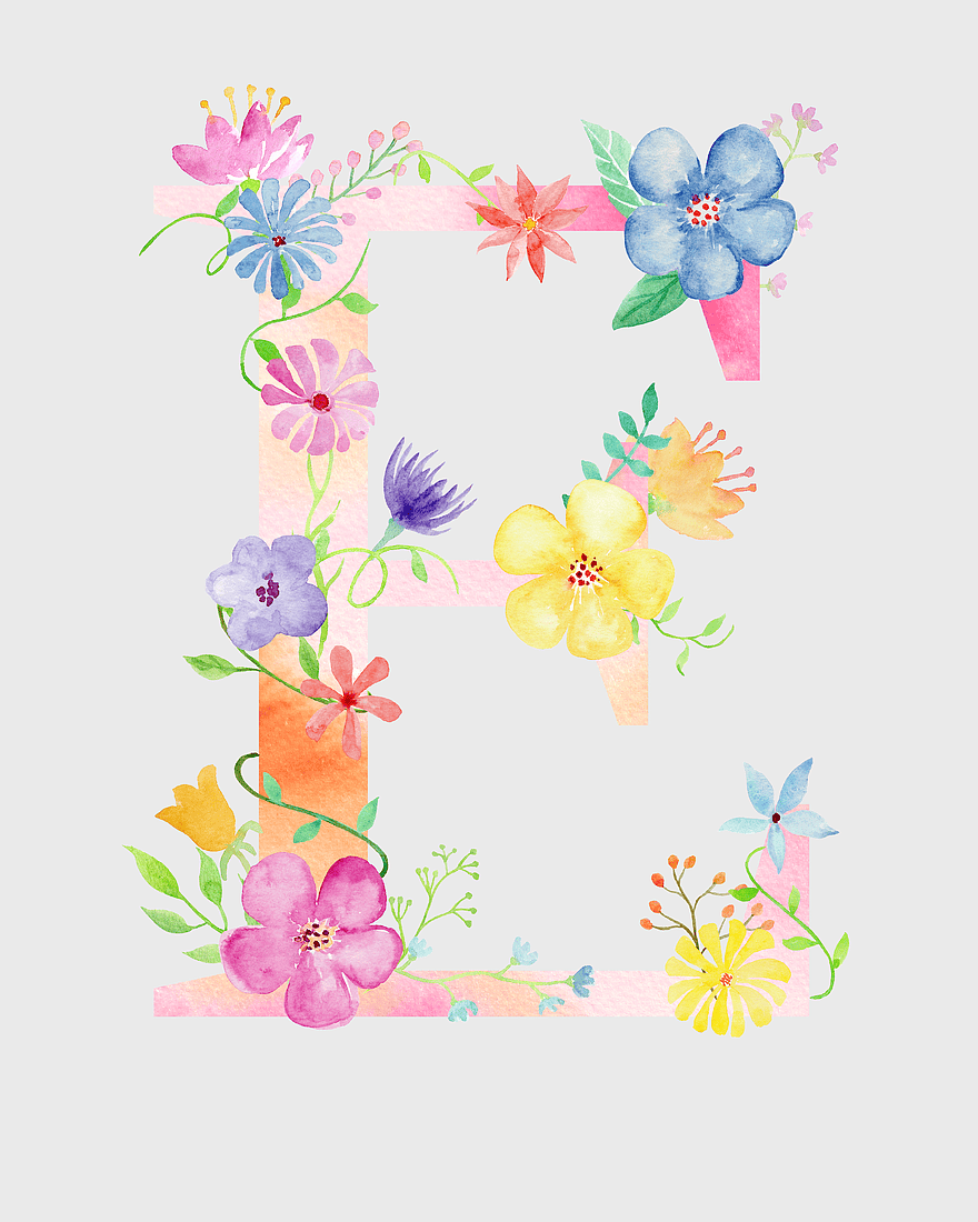 floral letter E, Minar-e-Pakistan digital art, pink flower monogram, watercolor flower decoration, floral initial design, botanical letter art, colorful floral typography