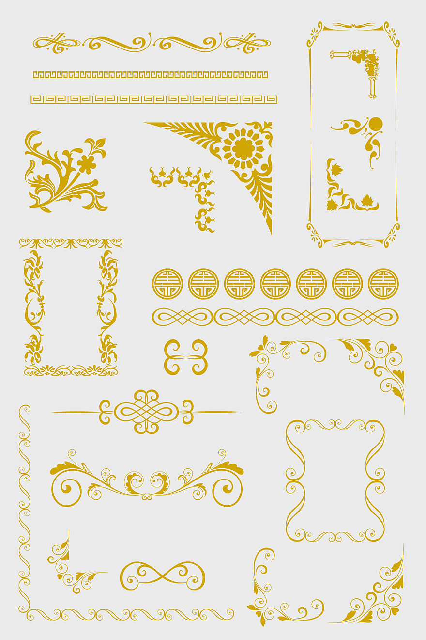 european pattern border, ornate frame design, gold-colored floral pattern, victorian style decoration, vintage border elements, elegant swirl motifs, classic design vignettes