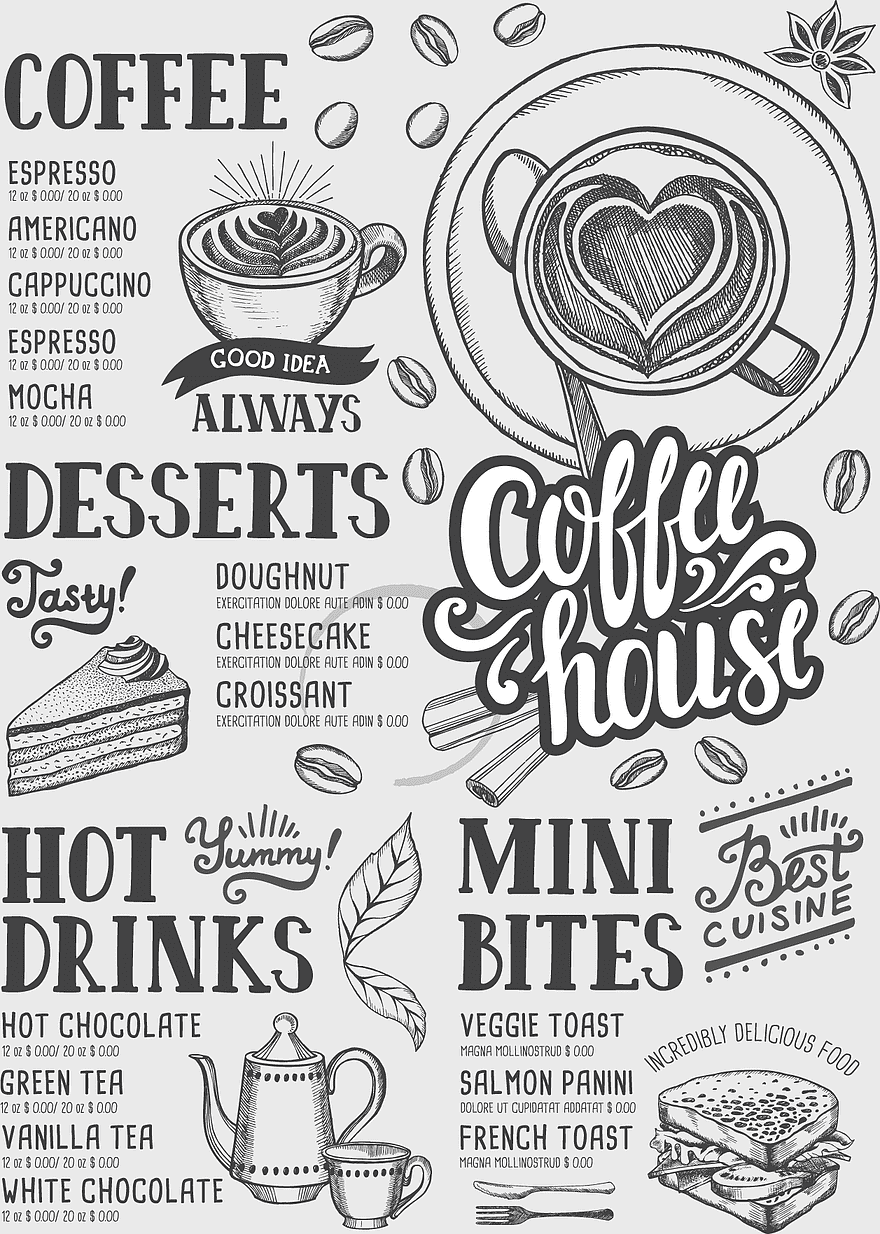 coffee shop menu design, monochrome cafe brochure, vintage coffee advertisement, afternoon tea menu layout, coffee house branding, hot drinks illustration, mini bites typography coffee shop menu design, monochrome cafe brochure, vintage coffee advertisement, afternoon tea menu layout, coffee house branding, hot drinks illustration, mini bites typography