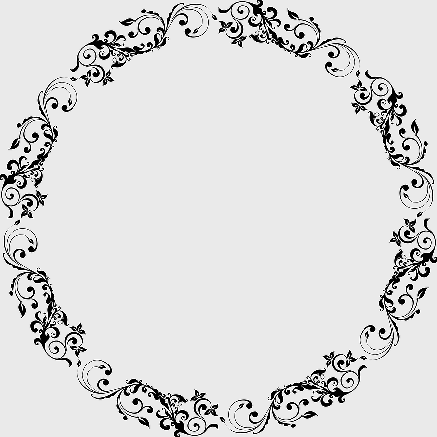 circle frame ornament, monochrome floral design, decorative arts border, black and white line art, vintage frame illustration, elegant swirls pattern, intricate design element