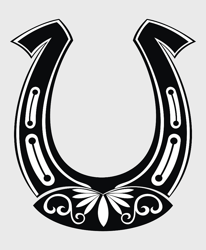 decorative horseshoe pattern, black and white horseshoe, lucky horseshoe symbol, monochrome horse shoe design, vintage equestrian motifs, ornamental horseshoe illustration, abstract equine art