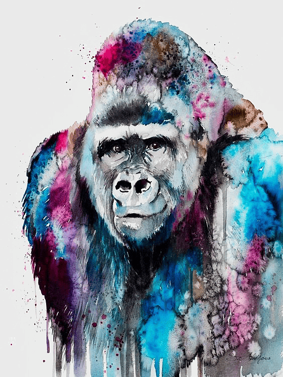 watercolor gorilla illustration, Western lowland gorilla painting, multicolored gorilla art, gorilla watercolor portrait, primate watercolor artwork, abstract gorilla painting, handpainted great ape illustration