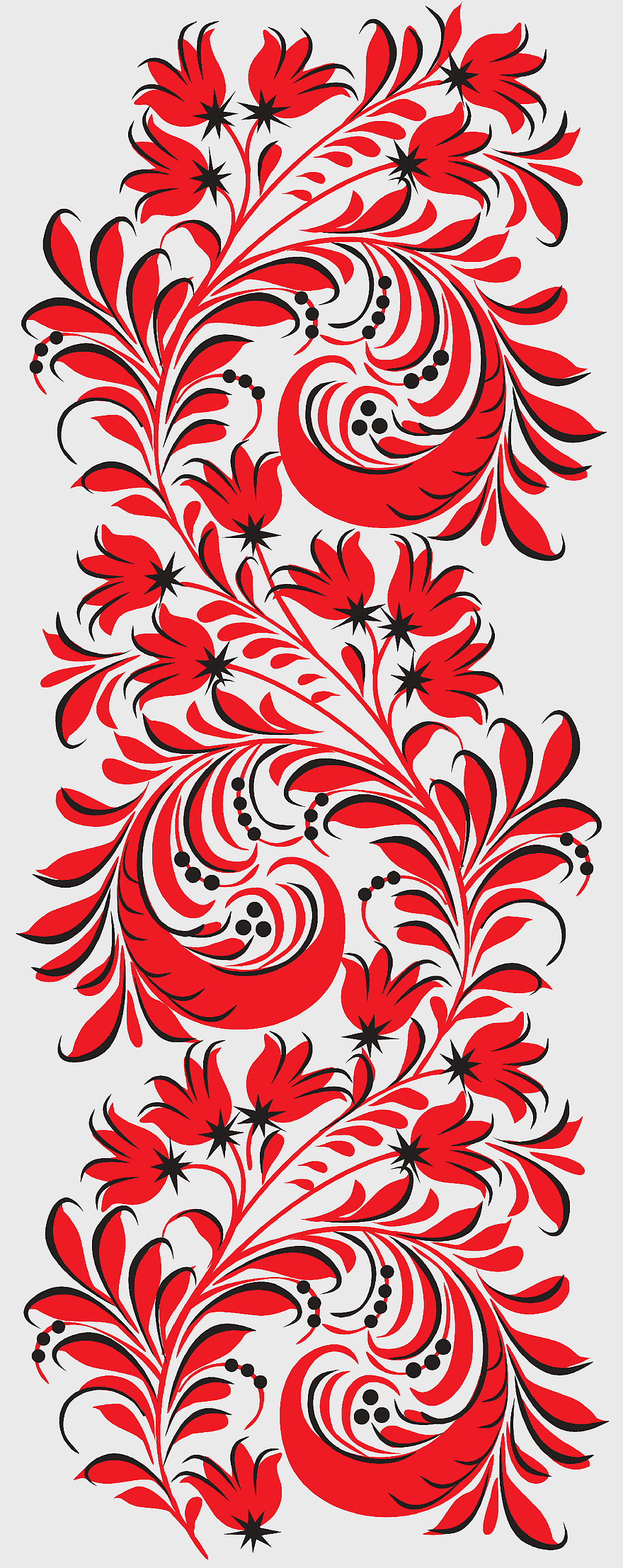 red floral scroll, Khokhloma folk art, Russian traditional ornament, black and white line art, decorative botanical design, cultural heritage motifs, handcrafted artistic patterns