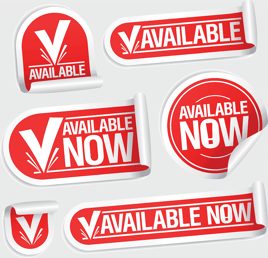 available now labels, available stickers, now available badges, availability tags, promotional graphics, marketing labels, product availability indicators, png