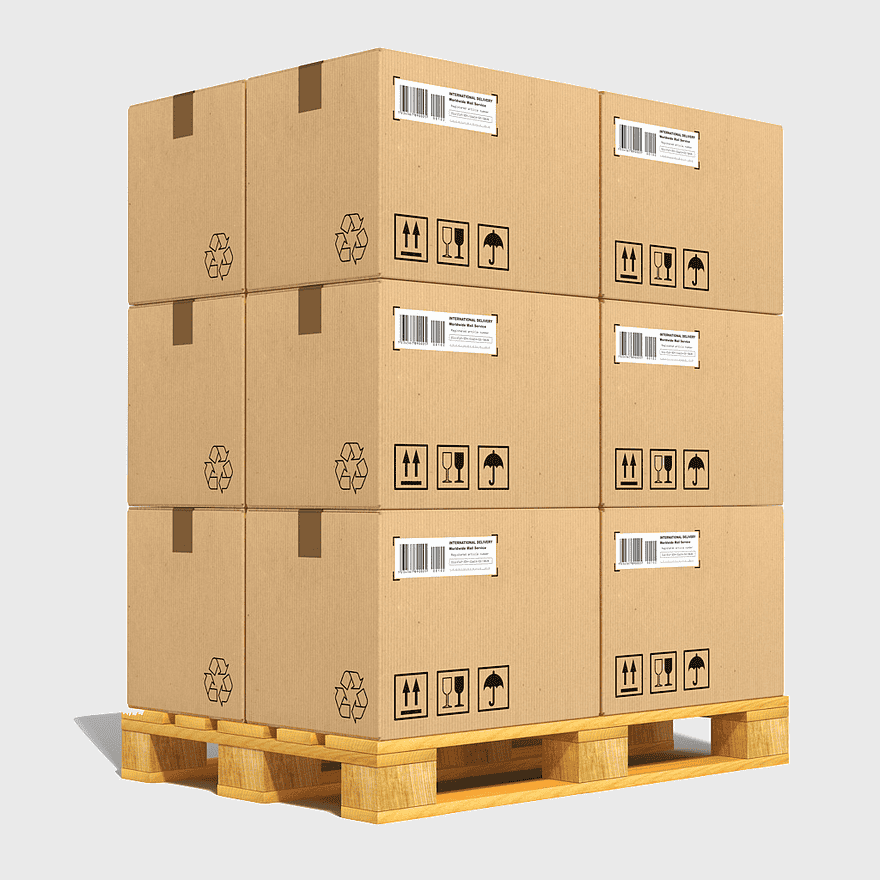 brown box pallet, corrugated box shipping, cardboard box logistics, freight transport packaging, warehouse inventory, supply chain management, stackable boxes