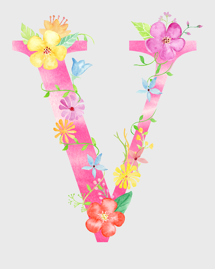 pink floral letter V, watercolor flower design, floral decoration art, flower pattern letter V, botanical alphabet illustration, artistic floral typography, vibrant floral lettering