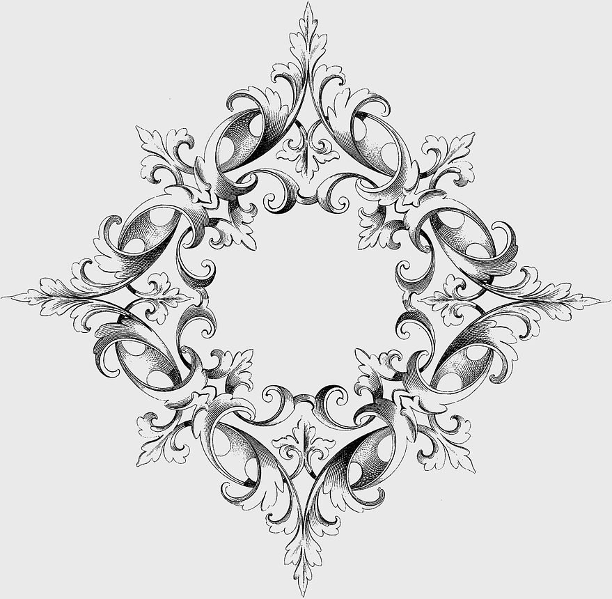 gray filigree ornament, monochrome lace border, baroque scroll drawing, decorative arts frame, vintage floral design, intricate line art, symmetrical arabesque pattern